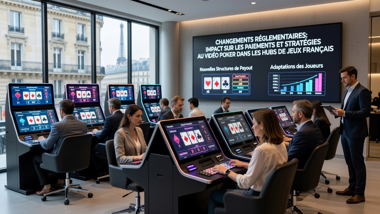 Players reviewing strategy charts beside video poker machines in a French gaming hub